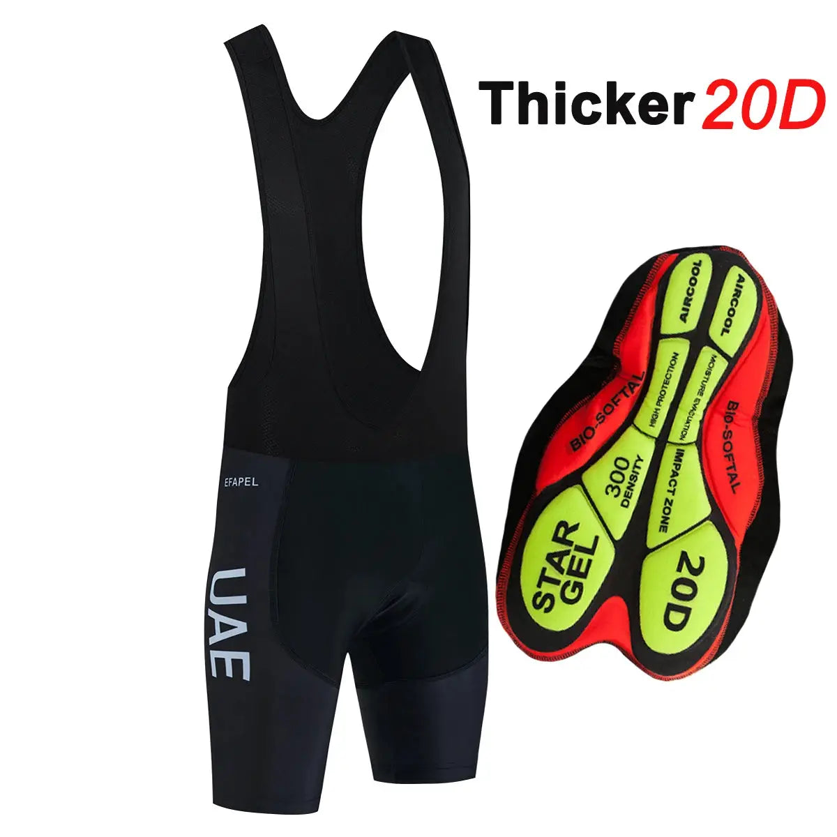 UAE cycling bib shorts set; black with light-blue UAE lettering, includes neon lime-green gel saddle pad