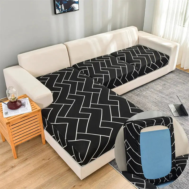 Geometric print sofa slipcover for corner sectional by Simples Market in black with white zigzag pattern