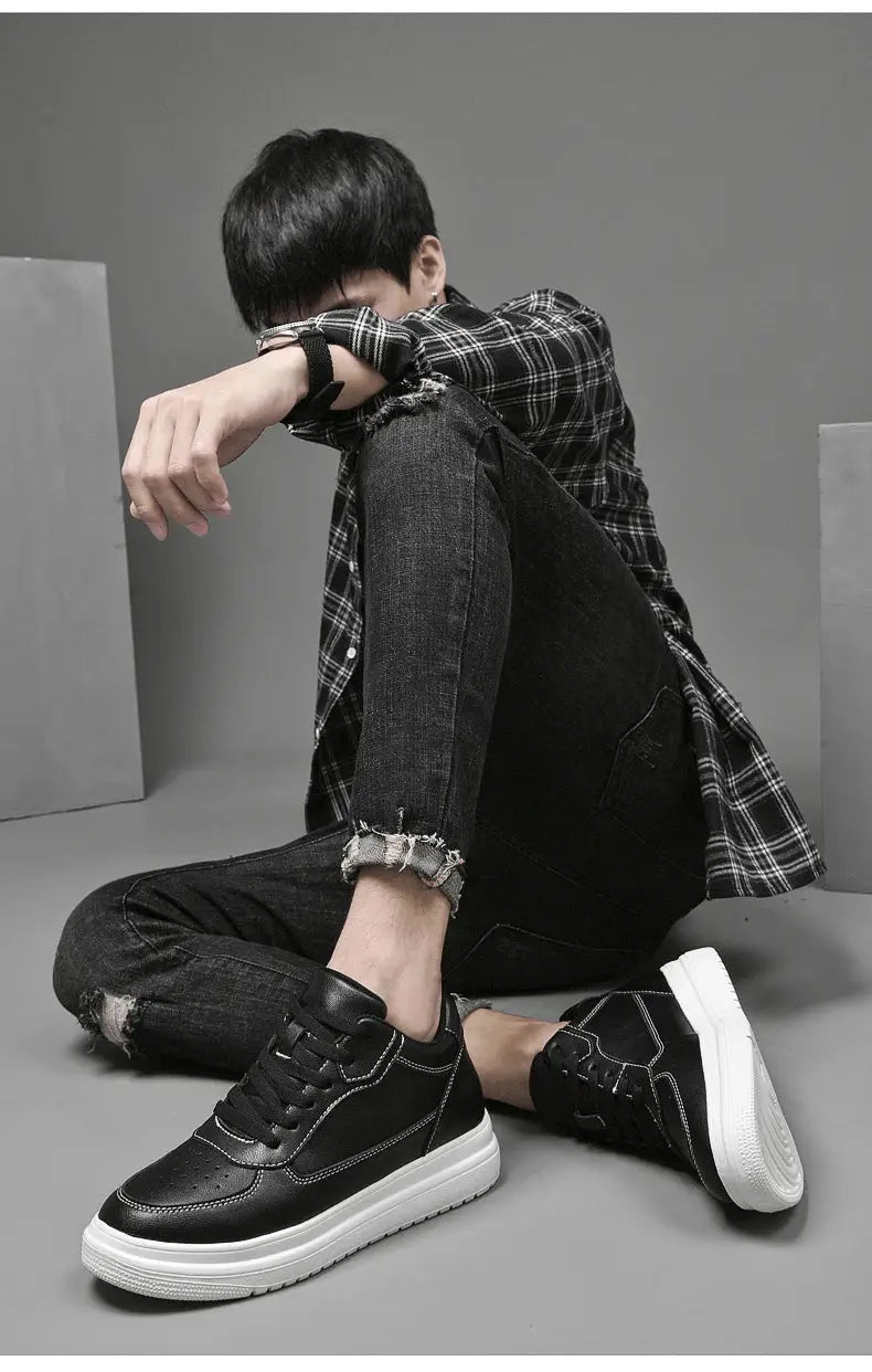 Men's black leather elevator sneakers with a white platform sole for added height