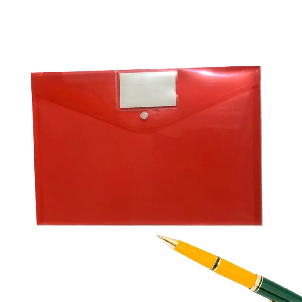 Red transparent A4 file folder with label window and snap closure, waterproof large-capacity document holder
