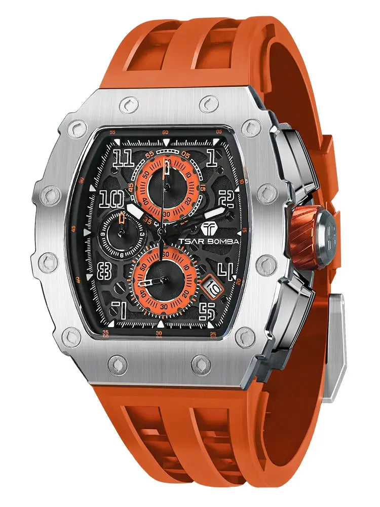 TSAR BOMBA men's stainless steel tonneau watch with orange silicone strap, black dial, orange subdials, chronograph