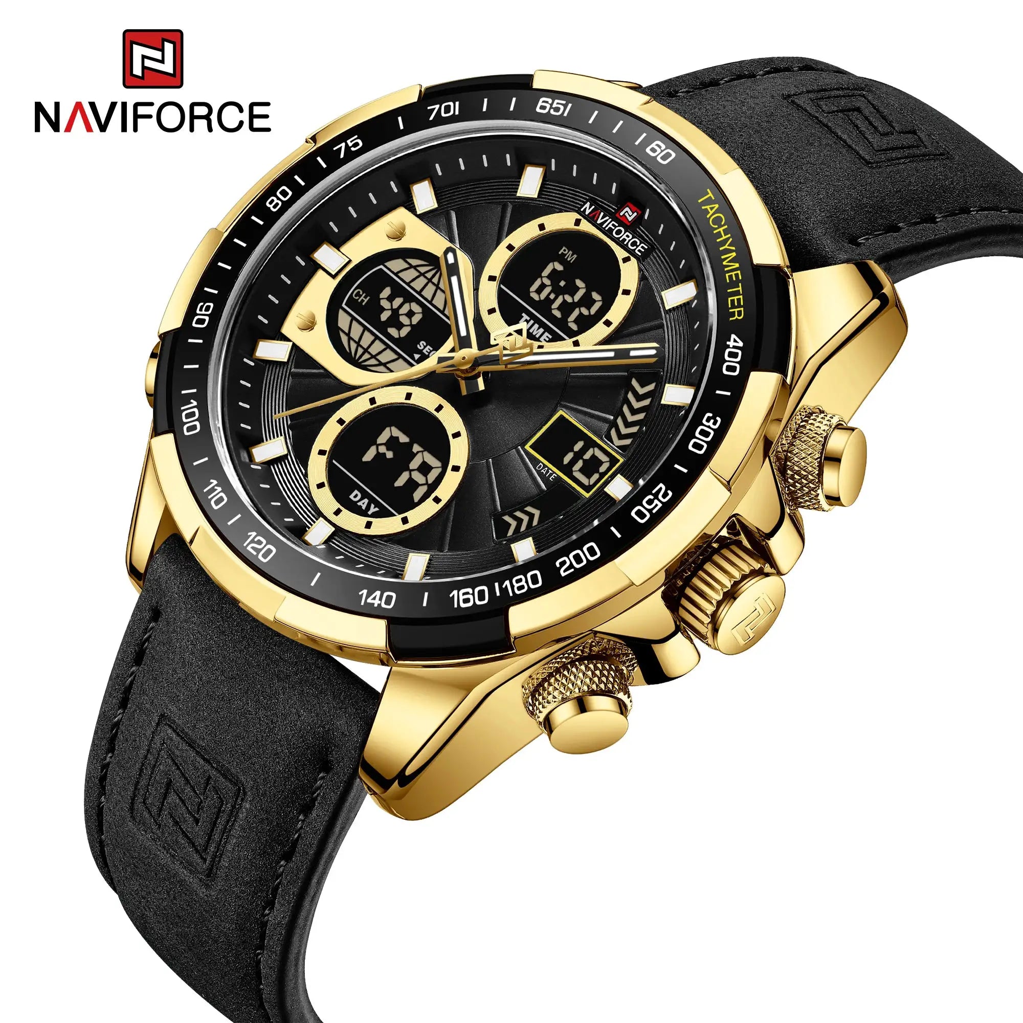 Naviforce men's sport watch with gold-tone case, black dial, tachymeter bezel, and genuine leather strap