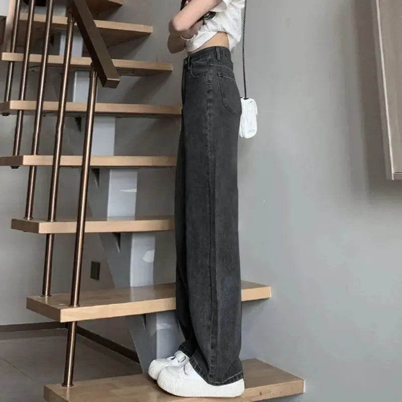 Womens Vintage Wide Leg Jeans High Waist Denim Pants Black Grey Blue