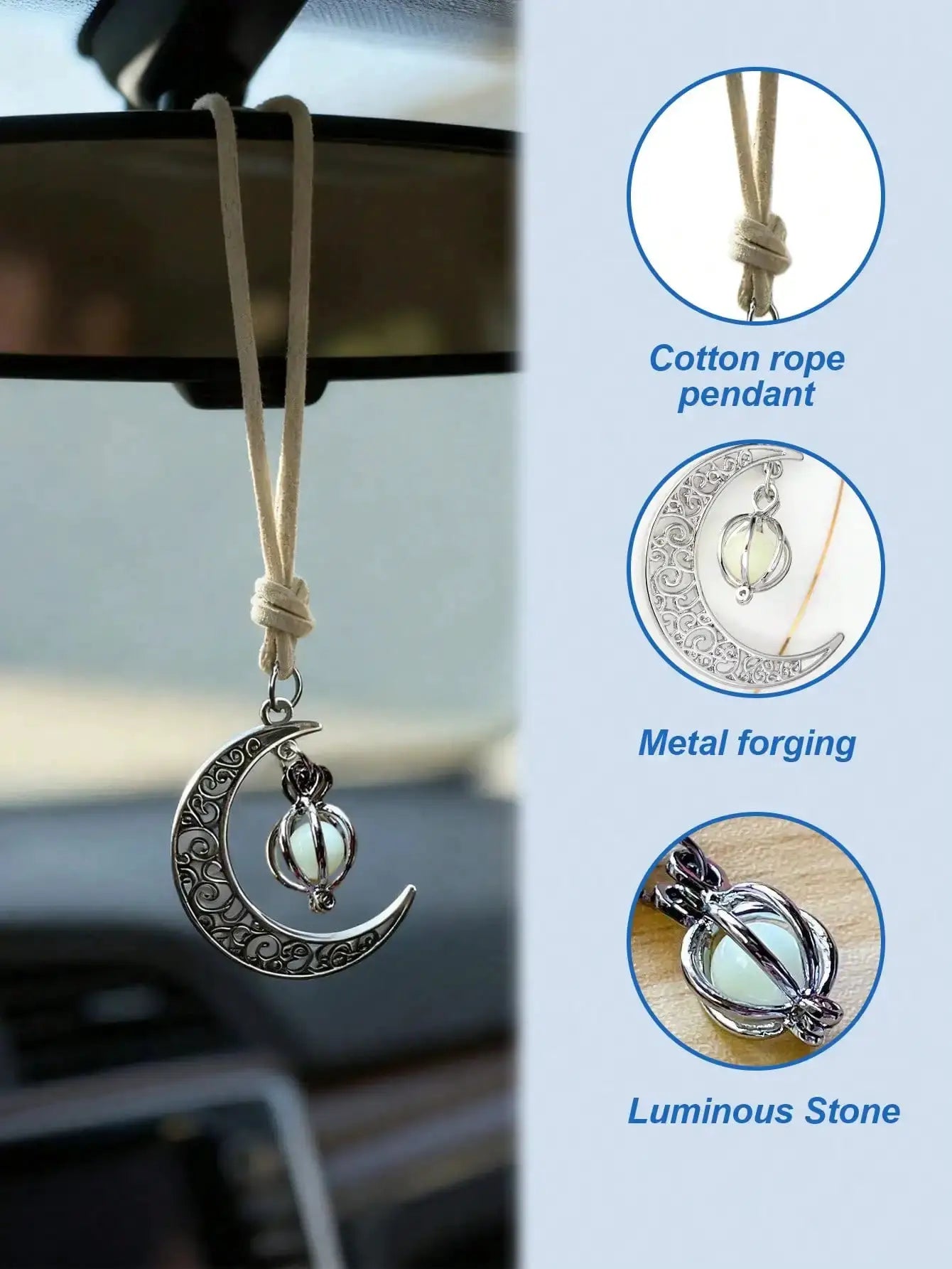 Luminous Moon Pendant by Simples Market on cotton rope; hollow crescent with luminous stone for rearview mirror decor