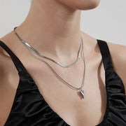 Seakissky Double Layer Stainless Steel Necklace With Love Heart Pendant Simple Stylish Gift For Women