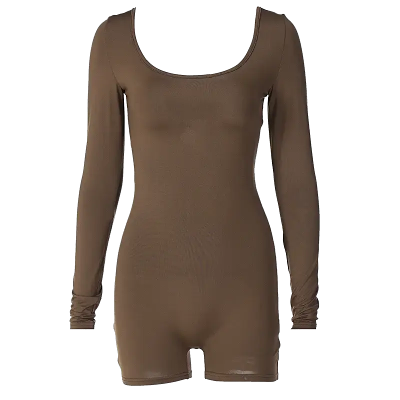 Hugcitar brown long-sleeve backless playsuit; solid stretchy fabric, bodycon fit