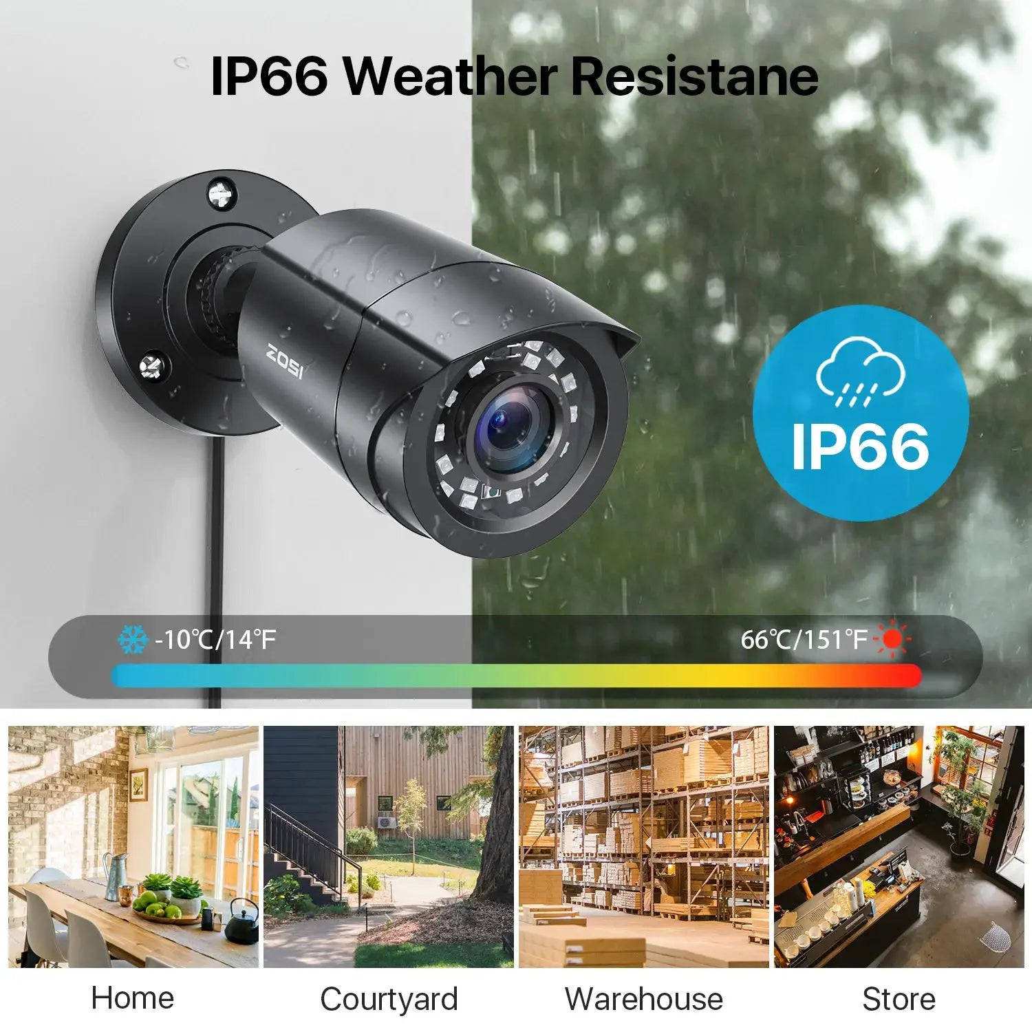 ZOSI outdoor security camera on wall; black weatherproof unit with IP66 badge and a 4-scene thumbnail gallery (Home, Courtyard, Warehouse, Store).