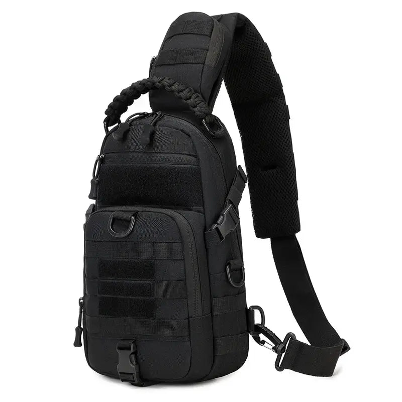 Black tactical chest bag with MOLLE webbing sling pack for camping and hiking