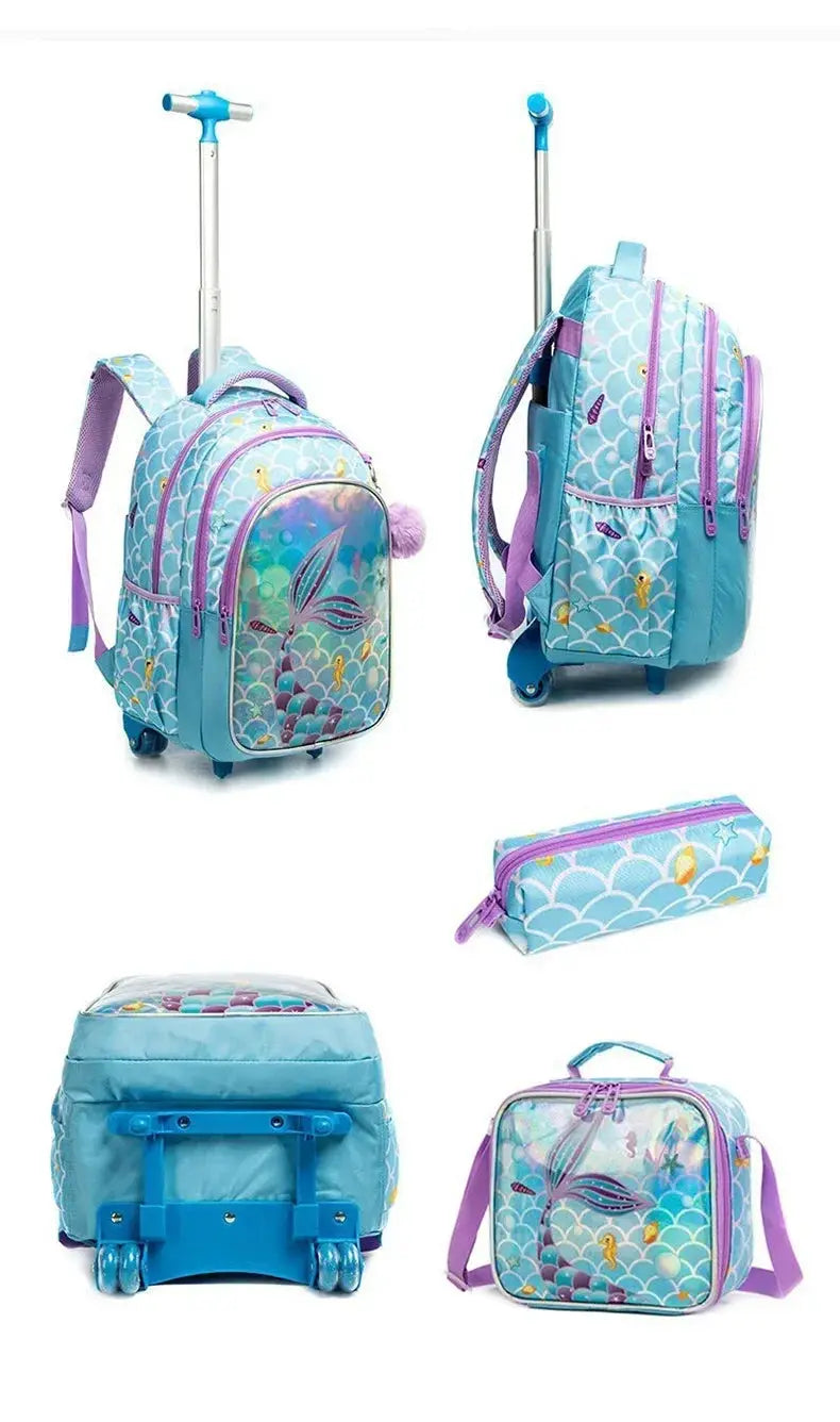 Simples Market children's wheeled backpack set with lunch box; turquoise and purple rolling school bag.