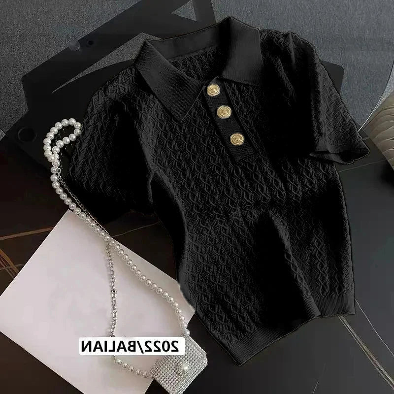 Ice Silk Polo Shirt Women Knitted Short Sleeve Jacquard Top Breathable
