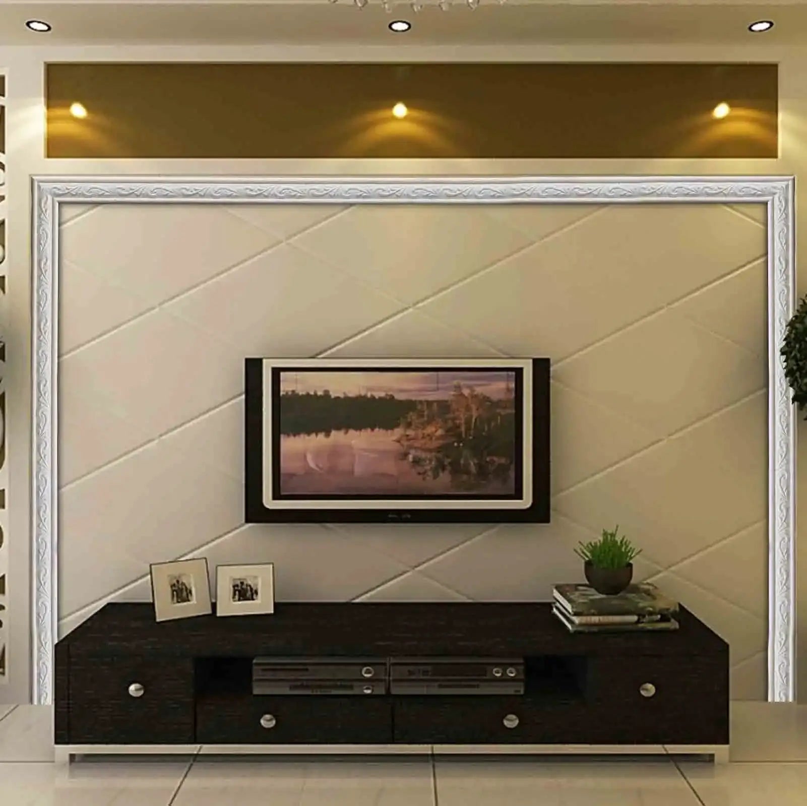 Self-adhesive wall border strip 230×4 cm; white ornate decorative trim for TV wall or background decor