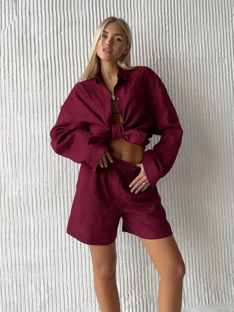 Bornladies Cotton Shorts Set Lapel Long Sleeve Shirt Elastic Waist