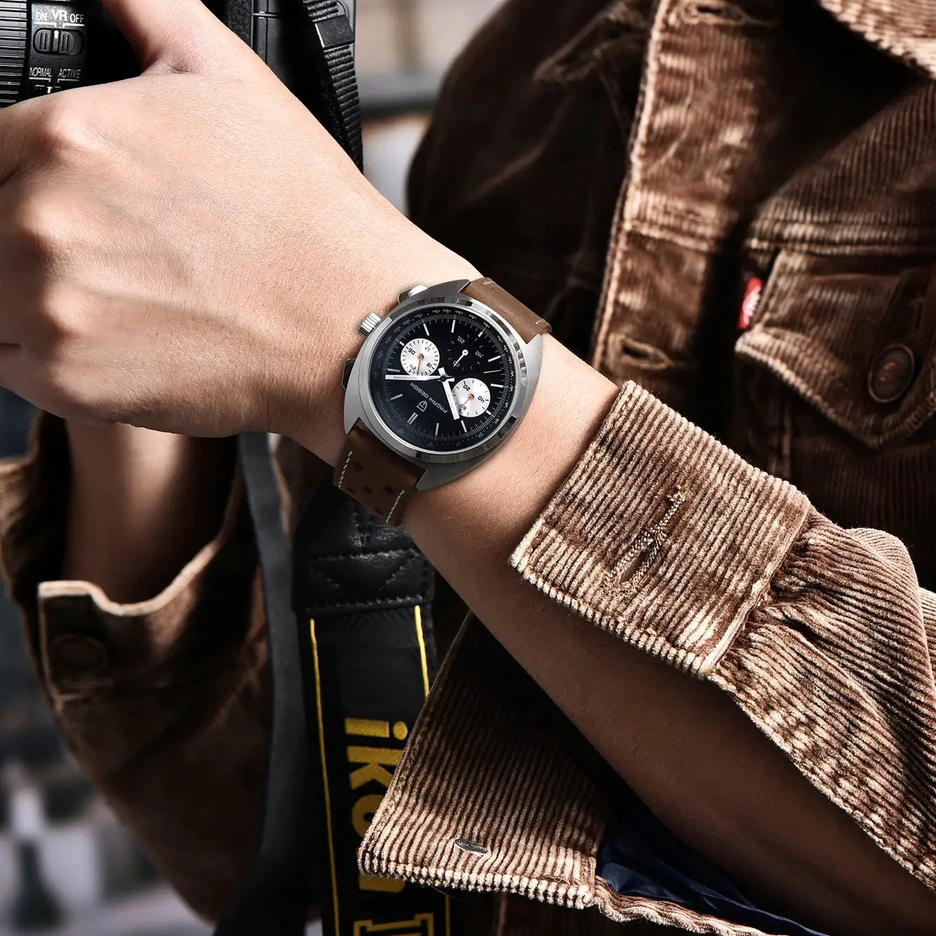 PAGANI DESIGN VK63 chronograph watch for men on brown leather strap with black dial