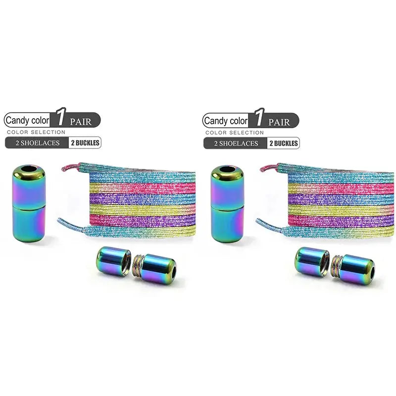 Two pairs of candy-color no-tie buckle elastic shoelaces with rainbow glitter and metal end caps