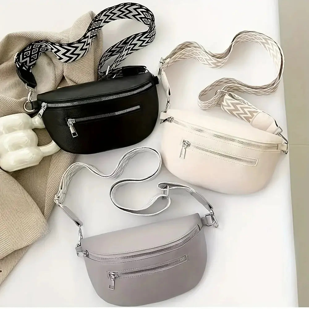 Soft leather women's fanny pack set of three in black, beige, and gray with patterned crossbody straps