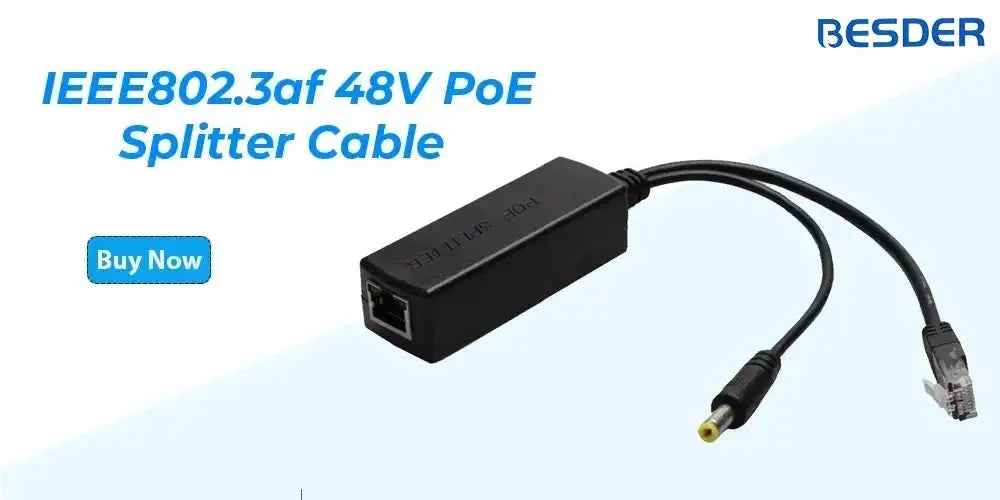 BESDER PoE splitter cable, IEEE802.3af 48V, black with RJ-45 plug and DC barrel output.