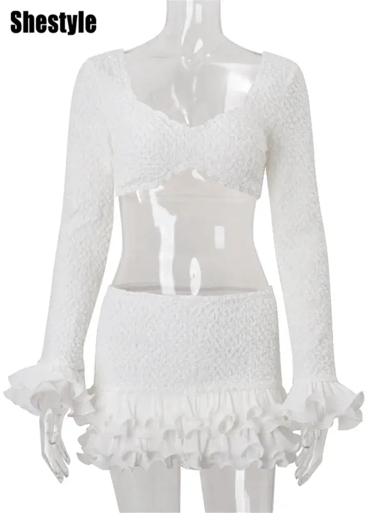 Shestyle White Autumn Two Piece Set Ruffles Crop Top And Sheath Skirt