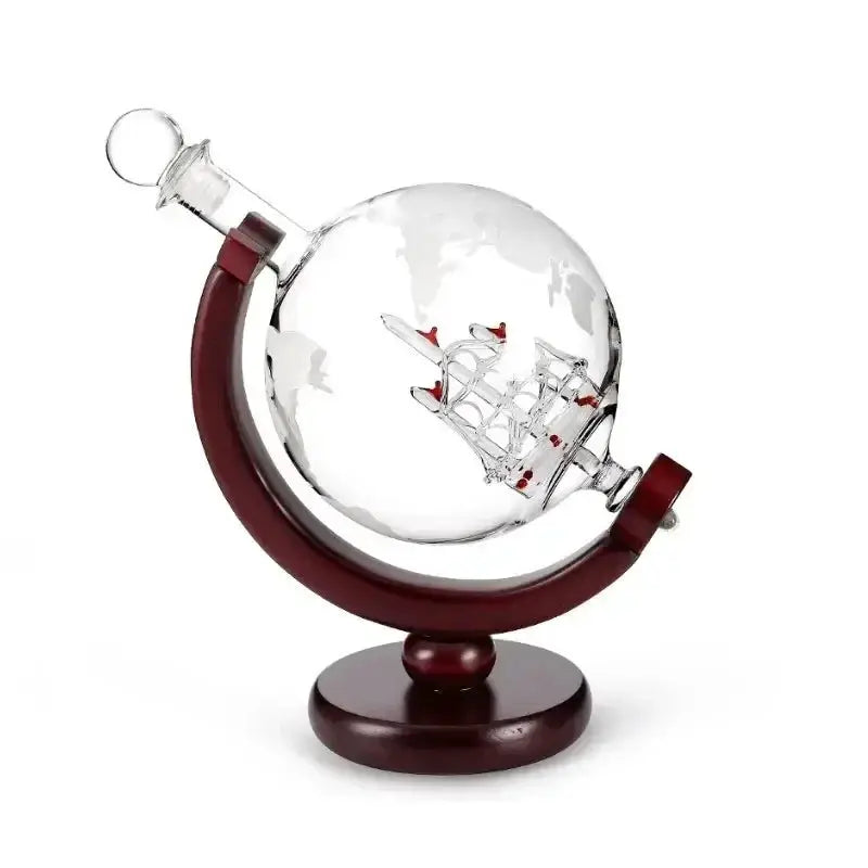 900ML Globe Decanter Set With Lead Free Carafe Wood Stand And Two Glasses Whiskey Gift