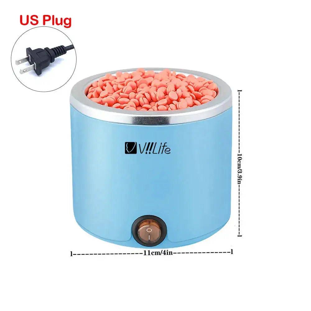 Blue 200ml wax heater for hair removal with pink paraffin beads; V Life brand, US plug