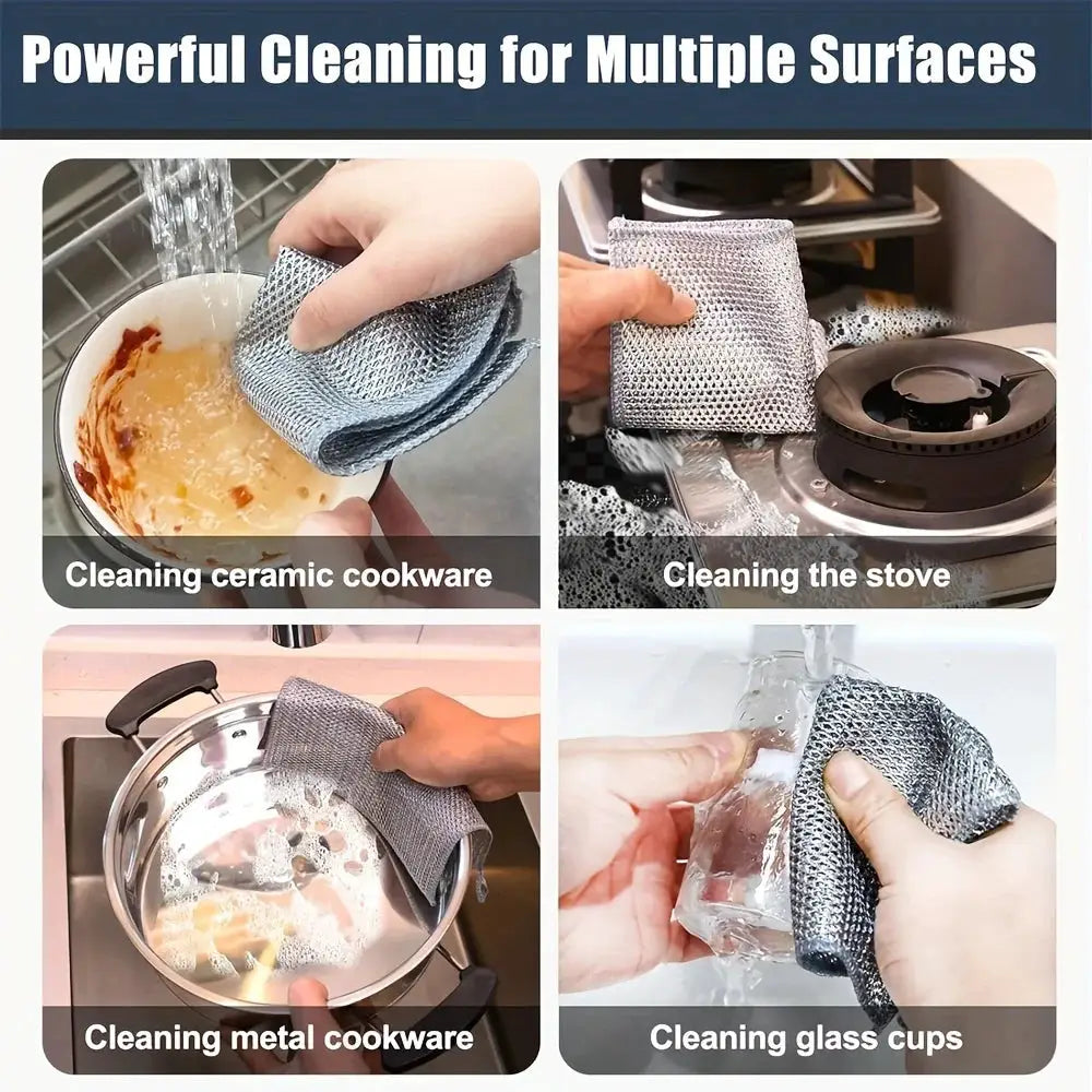 Simples Market gray steel-wire cleaning cloths; double-layer microfiber mesh dishrags for cookware and glassware