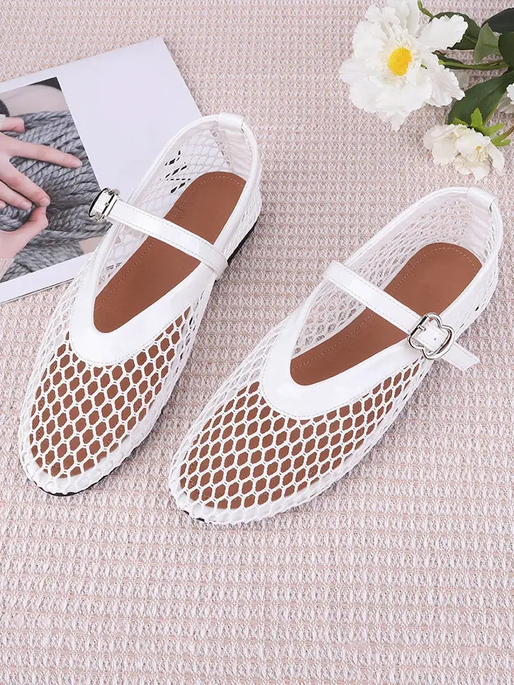 Pair of white mesh ballet flats with buckle strap, breathable slip-on dress shoes for commuting