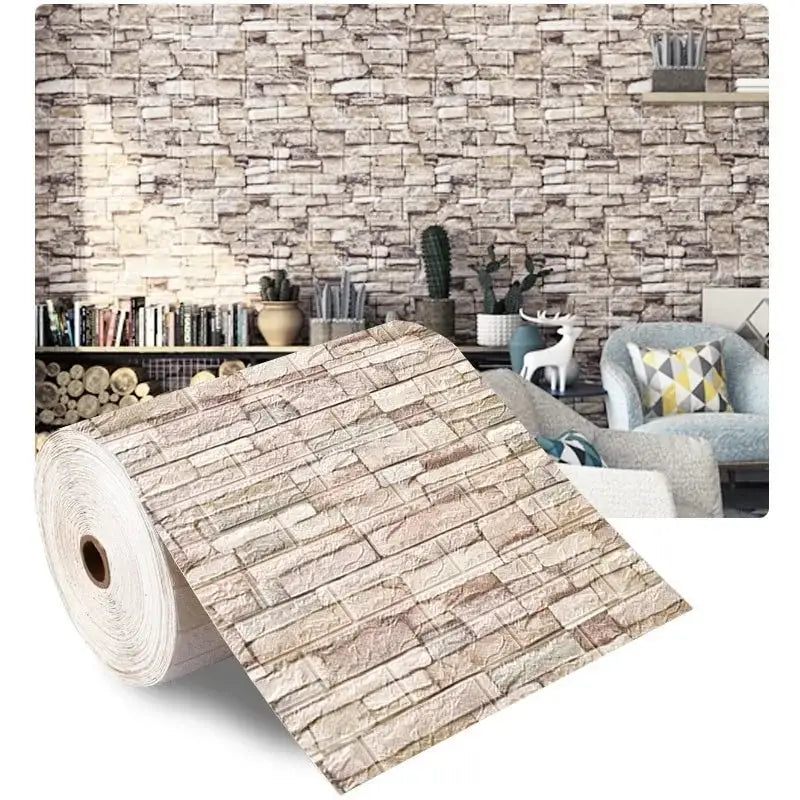 3D foam brick wall panel roll by Simples Market; beige stone texture, self-adhesive waterproof wallpaper