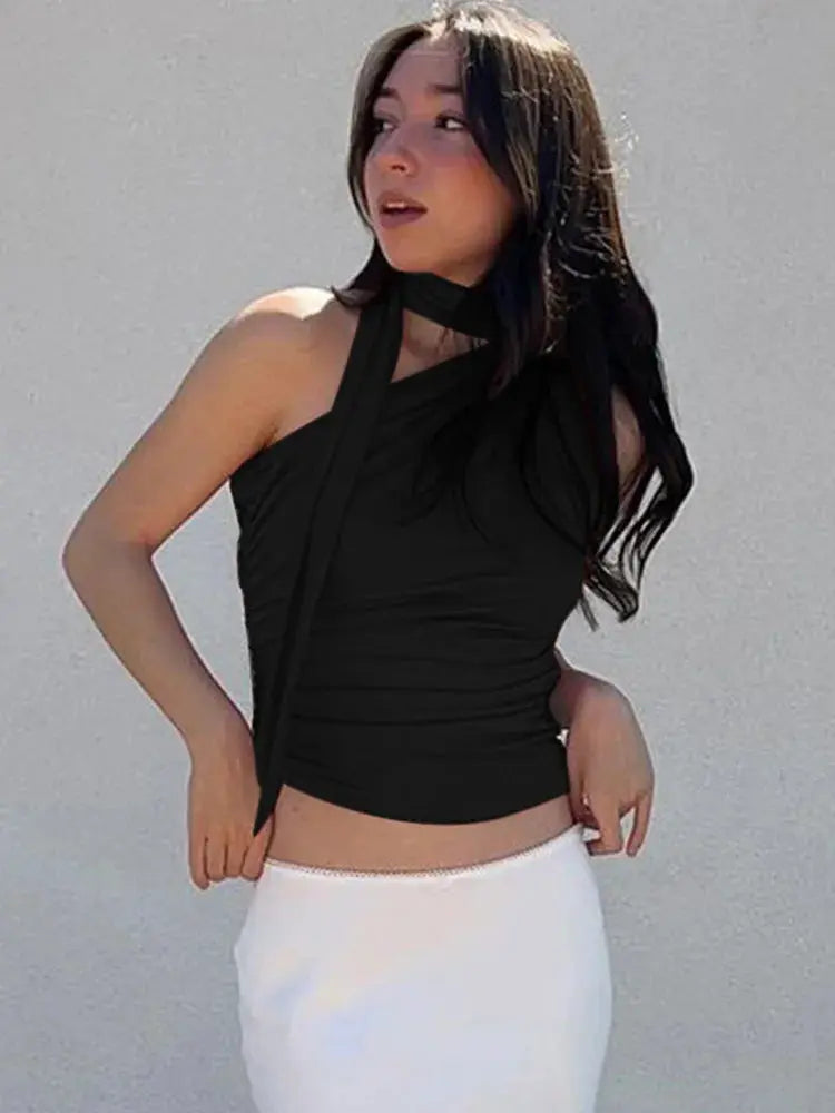 TrendAura Backless Off Shoulder Halter Tank Top Vintage Y2K Sleeveless Crop Top Summer Clubwear