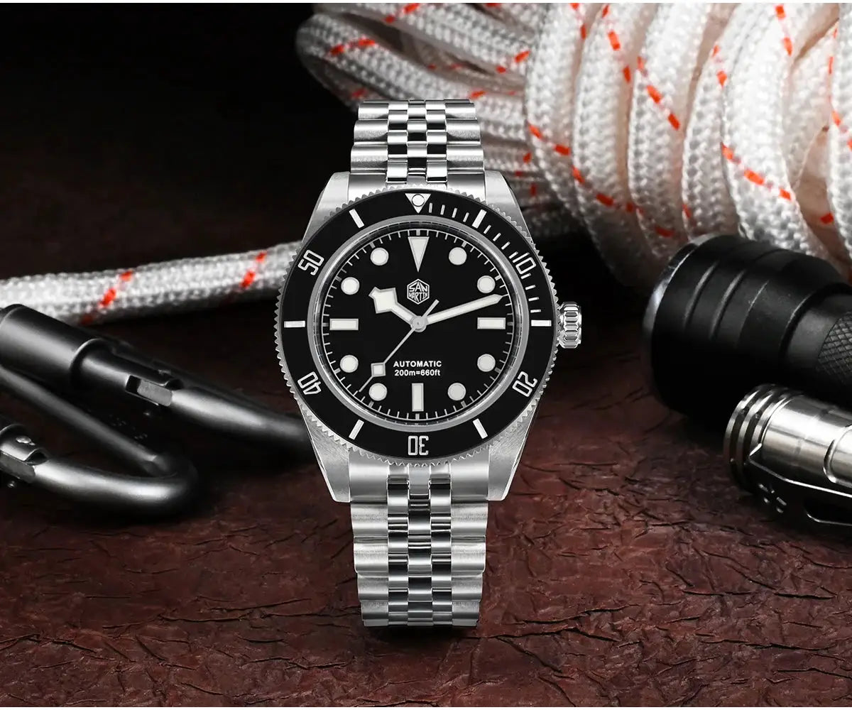 San Martin 40mm diver watch with black dial and stainless steel bracelet; automatic, 200m water resistant.