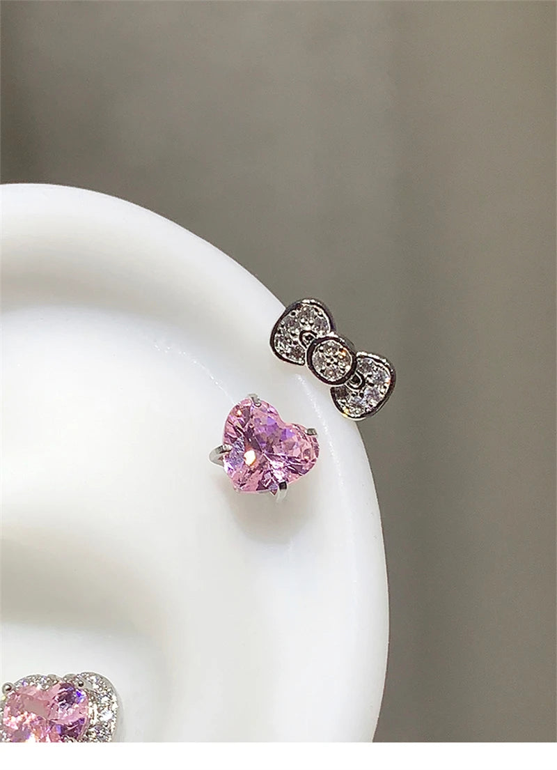 Bowknot zircon earring set in 316L stainless steel; pink heart gemstone stud for women