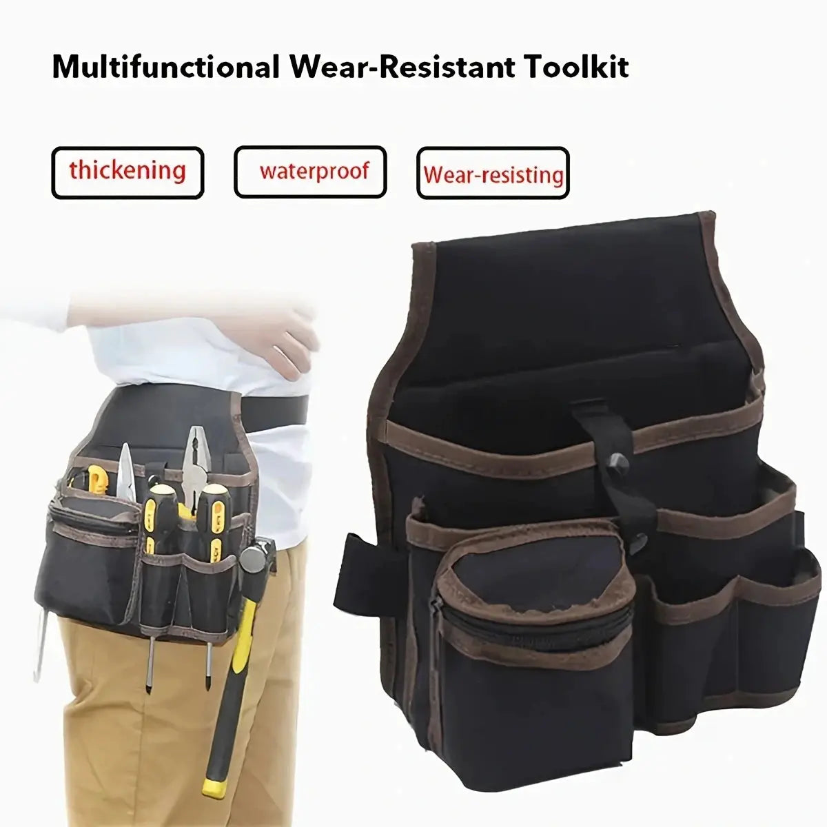 Two-piece Simples Market electrician's tool bag waist pack with multiple pockets in black fabric with brown trim