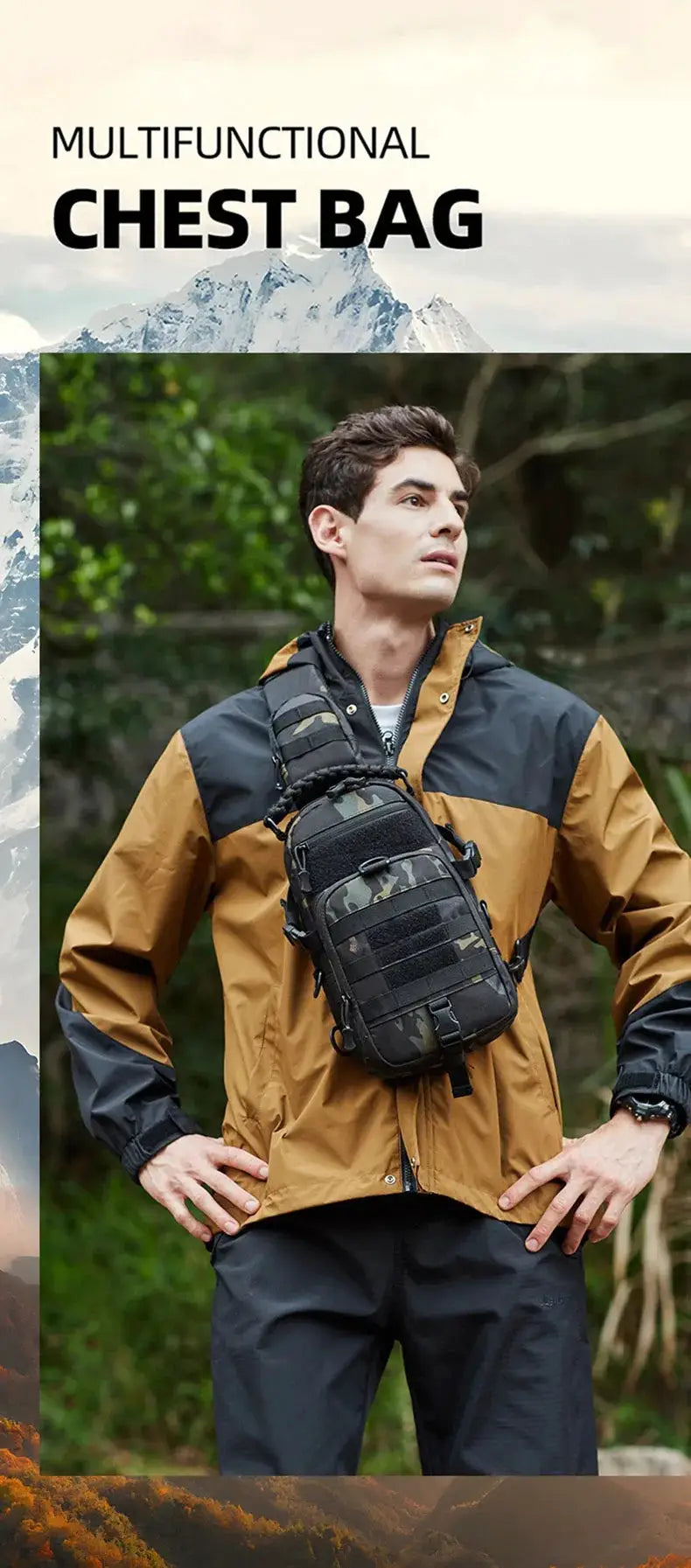 Tactical chest bag with MOLLE system in camouflage pattern, worn crossbody.