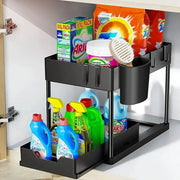 Black 2-tier under-sink sliding cabinet organizer with hooks and side cup holder