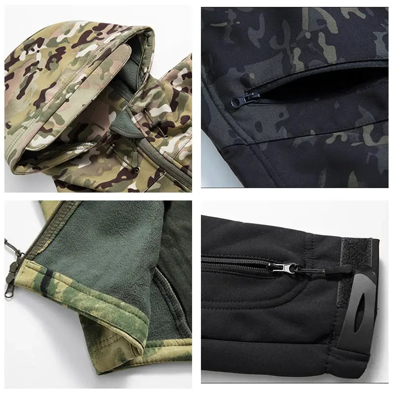 Lurker Shark Skin Soft Shell Tactical Jacket for men, camouflage pattern, hooded with fleece lining and zip pockets — Simples Market