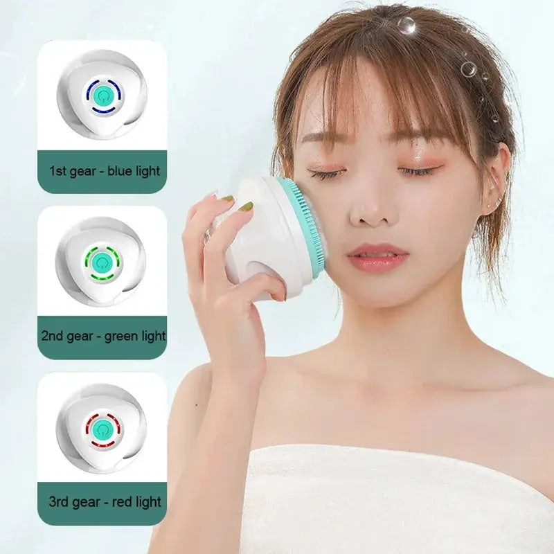 Simples Market 5-in-1 electric shower brush set with long handle and silicone back scrubber; blue/green/red lights.
