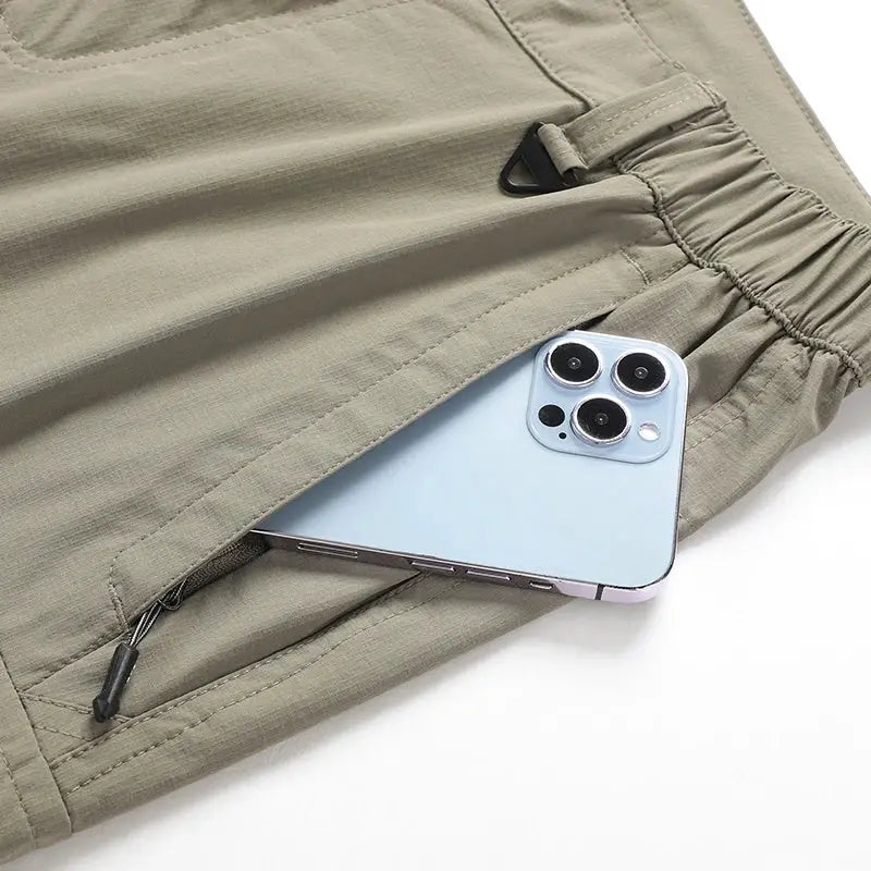 Simples Market Men's Cargo Hiking Pants; khaki, lightweight, waterproof with pocket holding phone