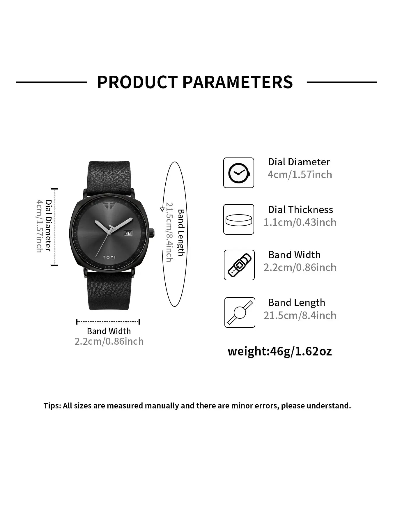 Simples Market TOMI men's minimalist black leather watch with calendar date display