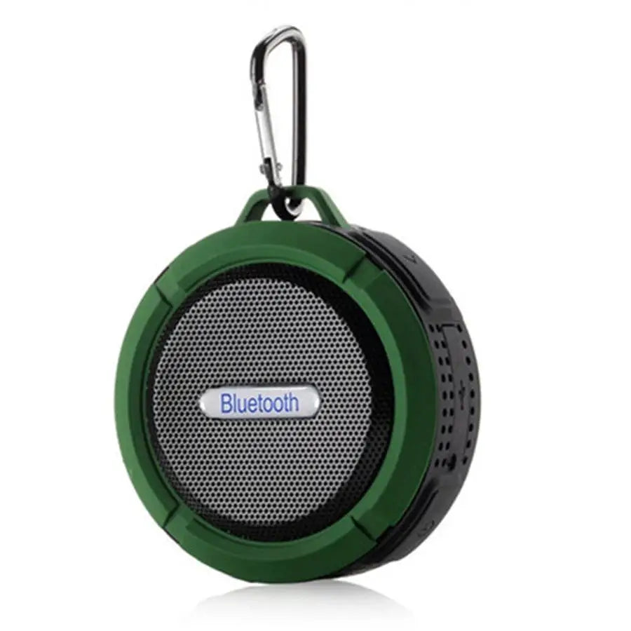 Waterproof portable Bluetooth speaker, round green design with carabiner clip and metal grille