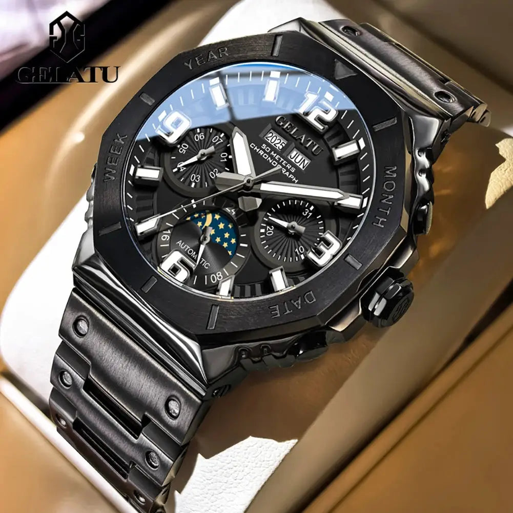 GELATU men's diving automatic wristwatch with moon phase, black stainless steel, 50m water resistant, perpetual calendar