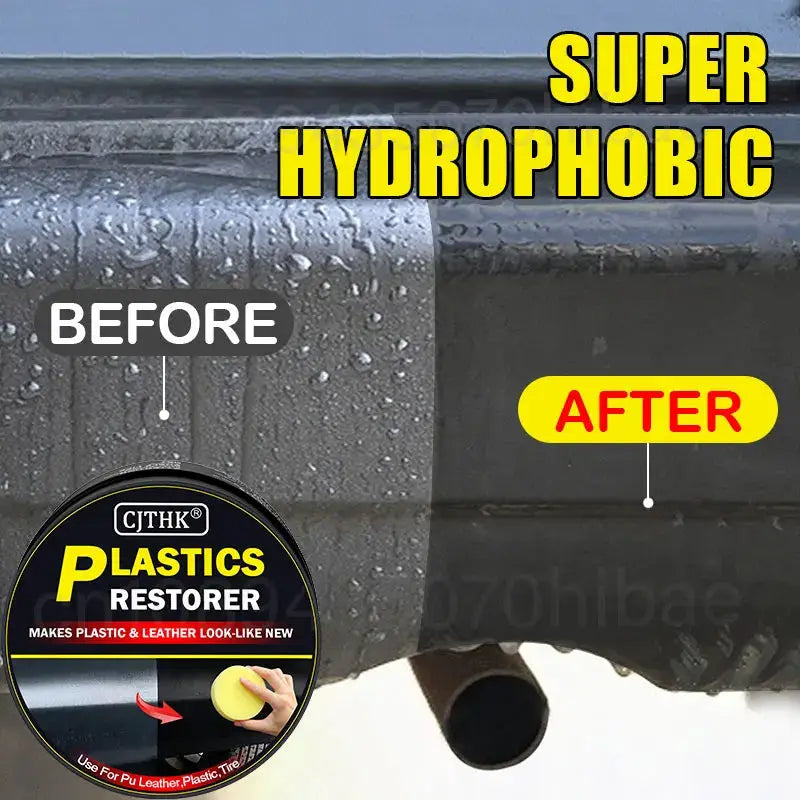 CJTHK Plastics Restorer for car plastics & leather; before/after bumper, super hydrophobic gloss