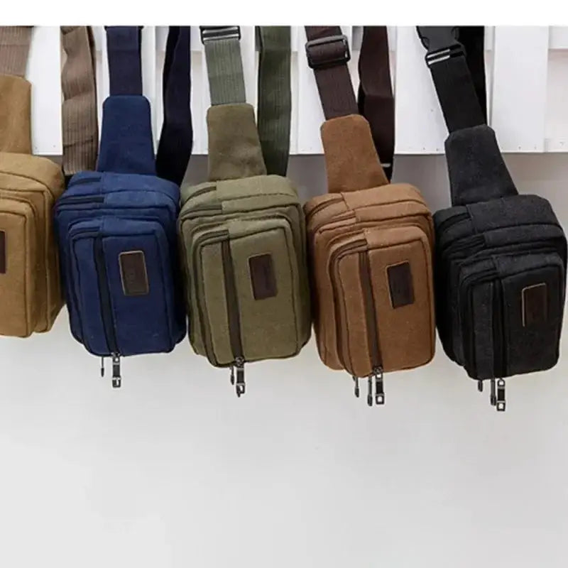 Simples Market canvas waist bag set in five colors (beige, blue, olive, brown, black) with durable straps.