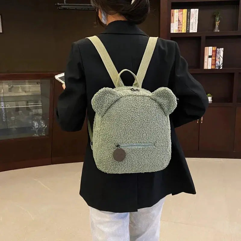 Cute bear-ear fleece small backpack in light green plush lambswool texture