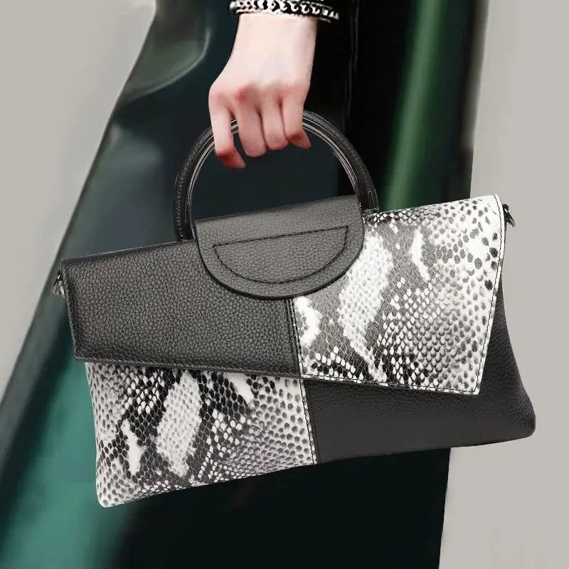 PU synthetic leather women's shoulder crossbody bag with an alligator-pattern flap and black/white snakeskin panels