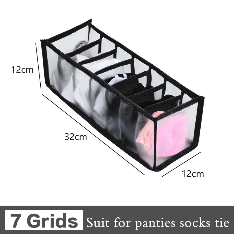 7-grid underwear organizer box by Simples Market; transparent mesh with black trim for panties and socks