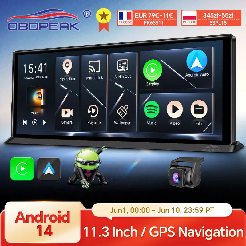 K60 Pro 11.3 Inch Android 14 AI Dash Cam Rear View Mirror GPS CarPlay