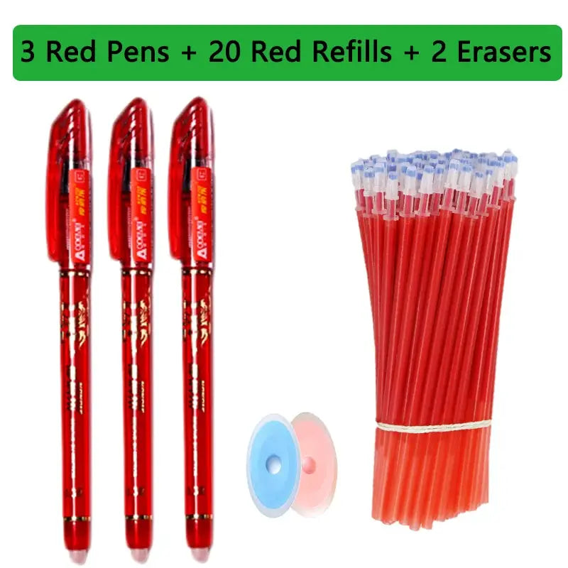 Simples Market red erasable gel pen set with 3 pens, 20 refills and 2 erasers