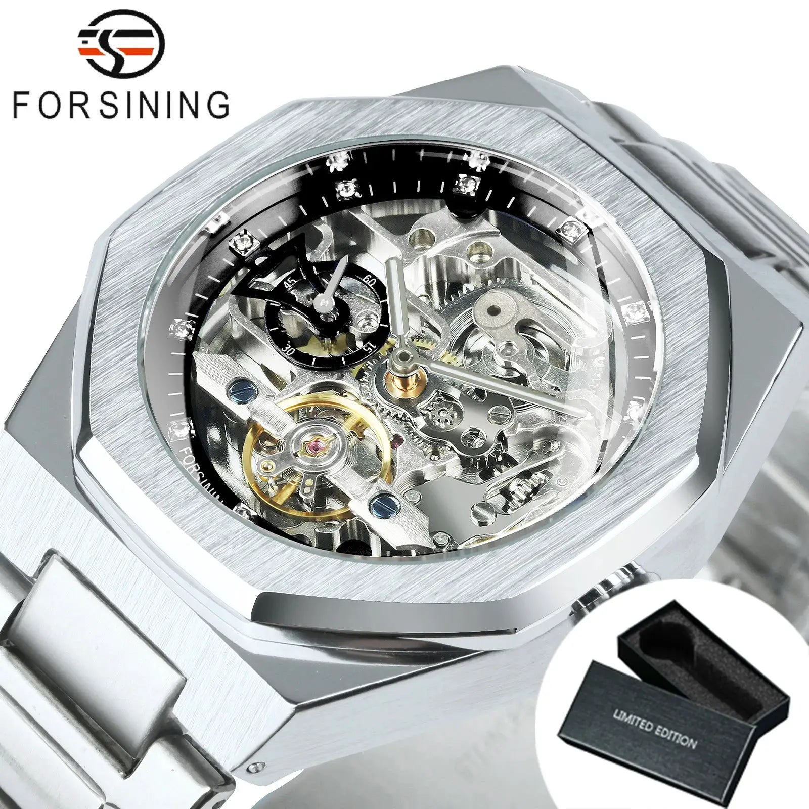 Forsining men's skeleton automatic watch with luminous hands and stainless steel bracelet