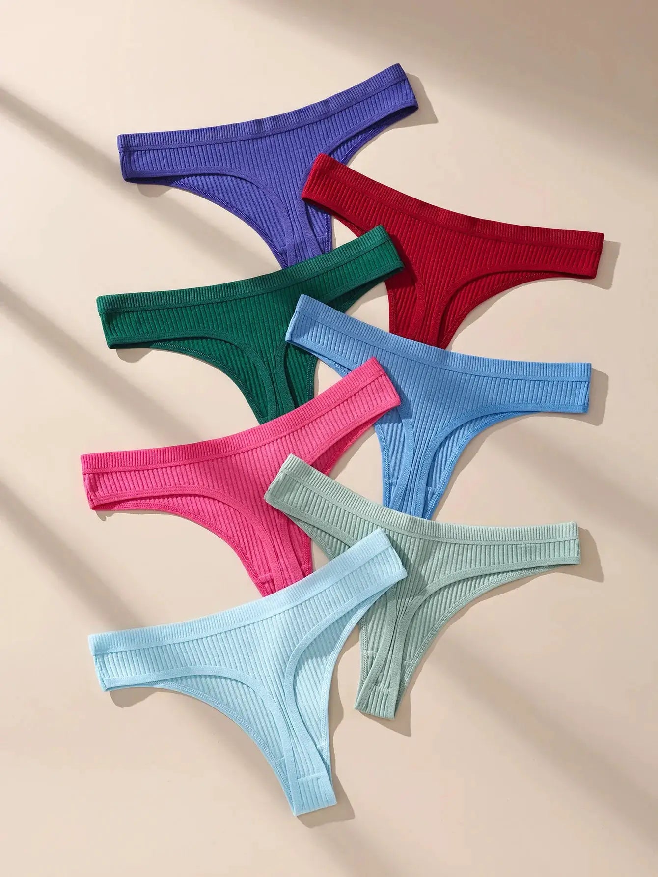 7-pack women's cotton ribbed thong underwear in assorted colors by Simples Market