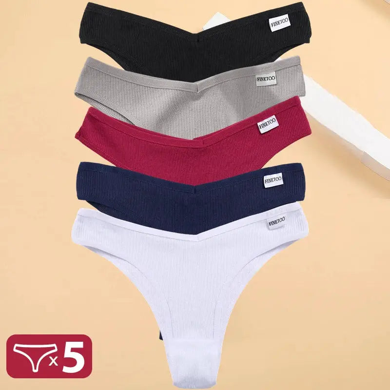 5-piece cotton women's thong panties set in black, gray, magenta, navy, white with FINETOO labels