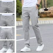 Men's light gray cotton chinos, straight-leg; 5-view collage shows front, side, and back.