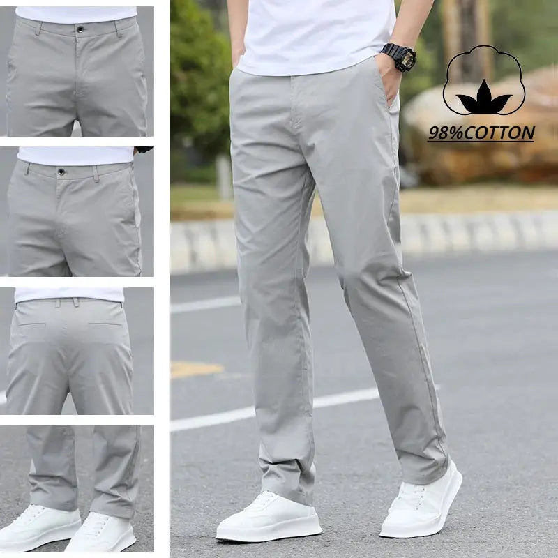 Men's light gray cotton chinos, straight-leg; 5-view collage shows front, side, and back.